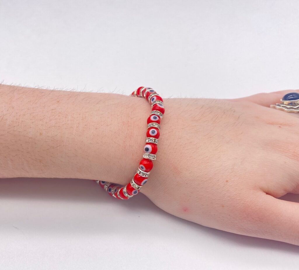 Evil Eye Bracelet Red Beads with Silver Disks A Time for Karma