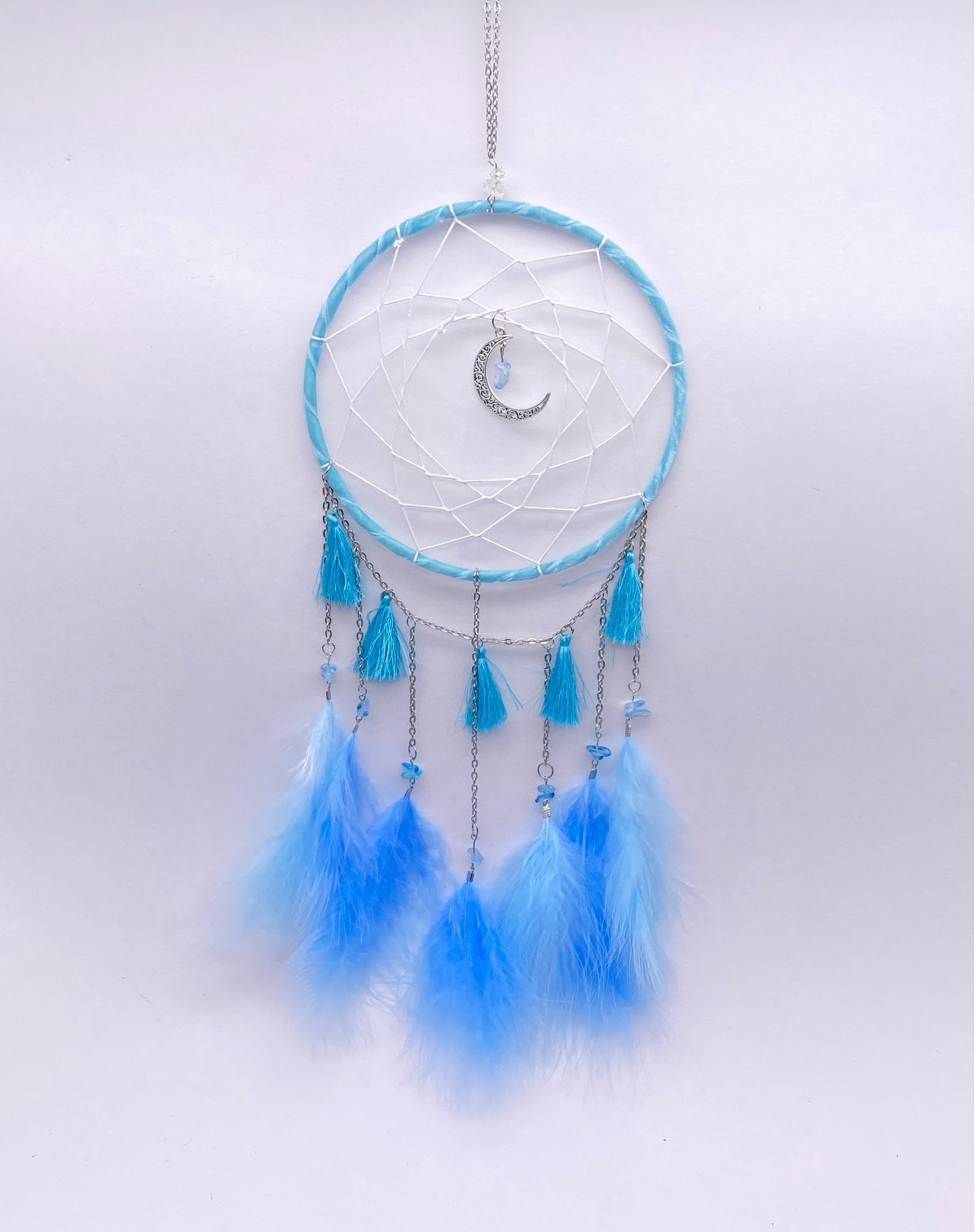 Dream Catcher Blue Chips & Feathers with Crescent Moon Charm A Time